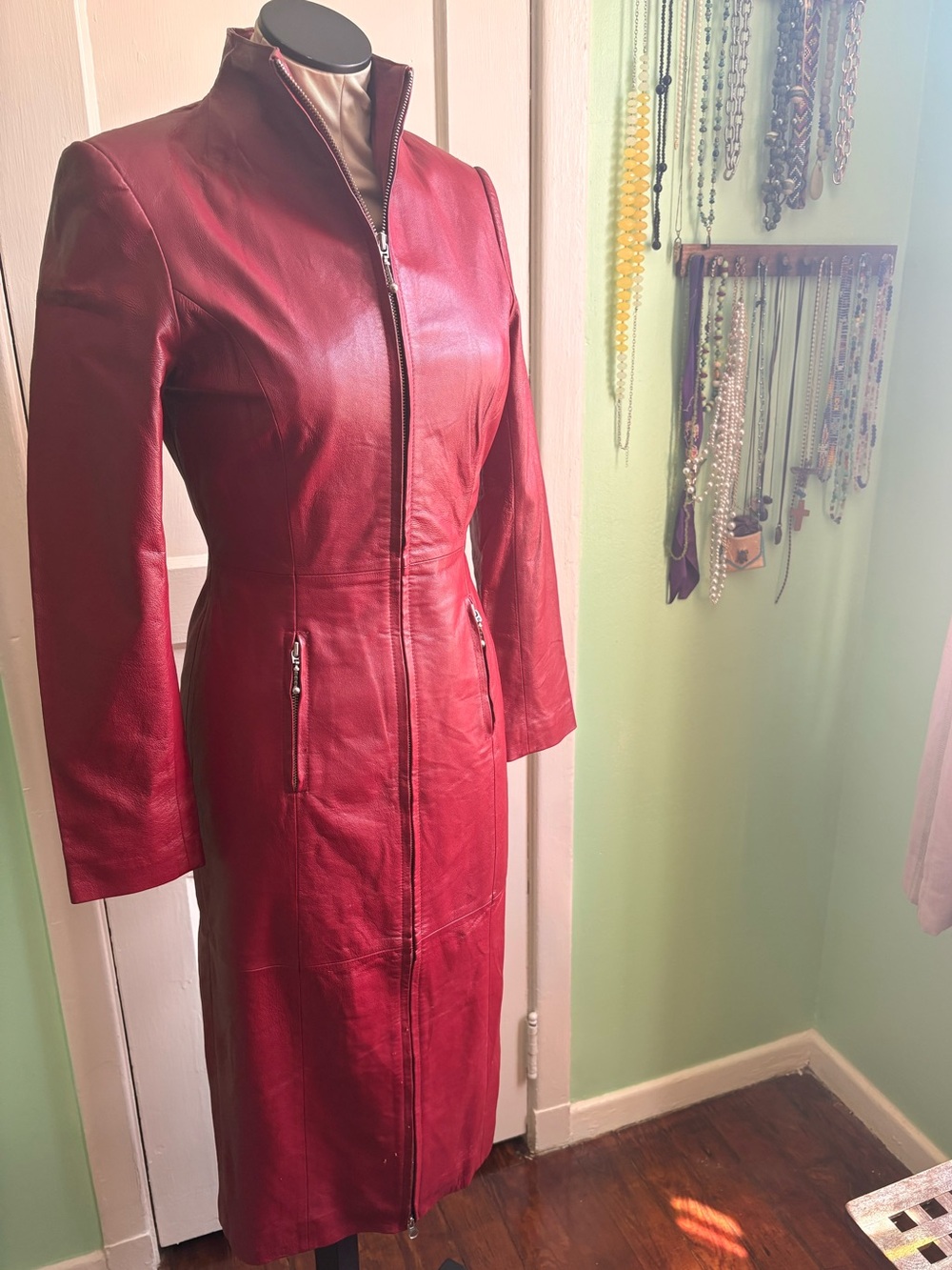 Newport News Red Leather Long Zip-Front Coat